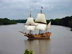 The Godspeed, seen from Meadowville Farm, navigates the James River on its way to the Citie of Henricus.