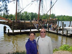 HCHS President Sarah Pace and Recording Secretary Diane Brownie pose before the Godspeed docked at the Citie of Henricus.