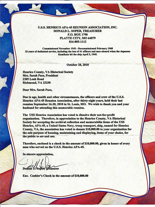 USS Henrico Reunion Association letter regarding their $10,000 donation to the HCHS