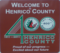 400th anniversary Henrico County welcome road sign.