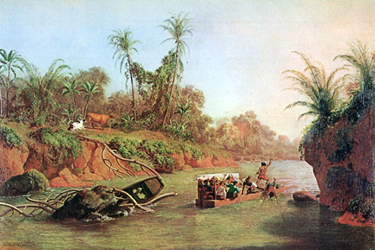 Charles Christian Nutt's Derrishmous von Panama auf der Hos de Chagres River, an 1850 oil painting showing small vessels transporting passengers up the Chagres River; one route that passengers on the Henrico would have taken in Panama's west coast on their way to San Francisco.