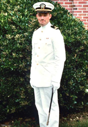 David Bellak, duty officer at the time of the USS Henrico's decommissioning, in dress wites at graduation from the legal training course in Rhode Island in summer of 1967 before joining the Hank.