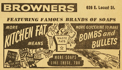 Ads encouraged the saving of kitchen drippings during WWII.