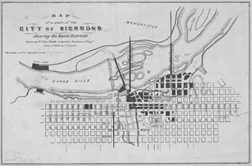Map of Richmond, 1865.  Oriented with South to the top.  Dotted line marks approximate border of Jefferson Ward.  Arrow points to Ezekiel's boyhood Home.