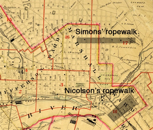 Areas highlighted on this 1889 map of Richmond show the likely locations of two ropewalks.