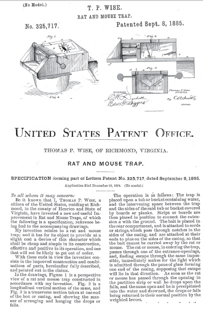 Thomas Wise's 1884 patent for his mouse trap.