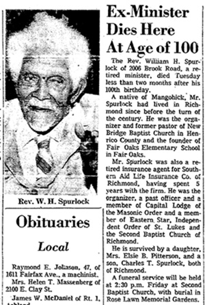 Obituary - Reverend William H. Spurlock - Founder of Fair Oaks.