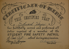 Edward Hayes' Student Fire Safety Patrol certificate.