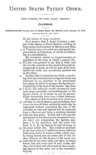 Patent for Dial Calendar.