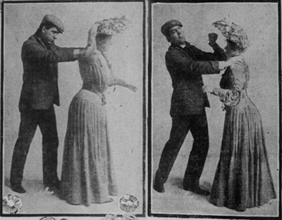 Woman using hatpin for self-protection.