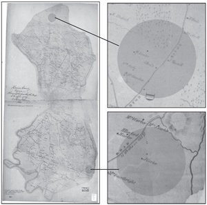 1864 Smith Map of Henrico County marking two sites of George Elliott's balloon landings.