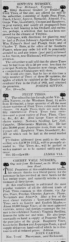Ads for Henrico County nurseries, 1844.