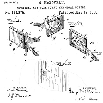 Combined Key-Hole Guard and Cigar Cutter patent diagram, 1885.