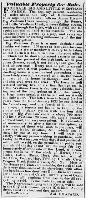 1832 ad for sale of Big and Little Westham properties.